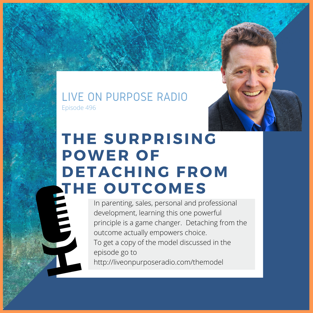 LIVE ON PURPOSE RADIO Episode 496 THE SURPRISING POWER OF DETACHING FROM THE OUTCOMES In parenting, sales, personal and professional development, learning this one powerful principle is a game changer. Detaching from the outcome actually empowers choice. To get a copy of the model discussed in the episode go to https://liveonpurposeradio.com/themodel