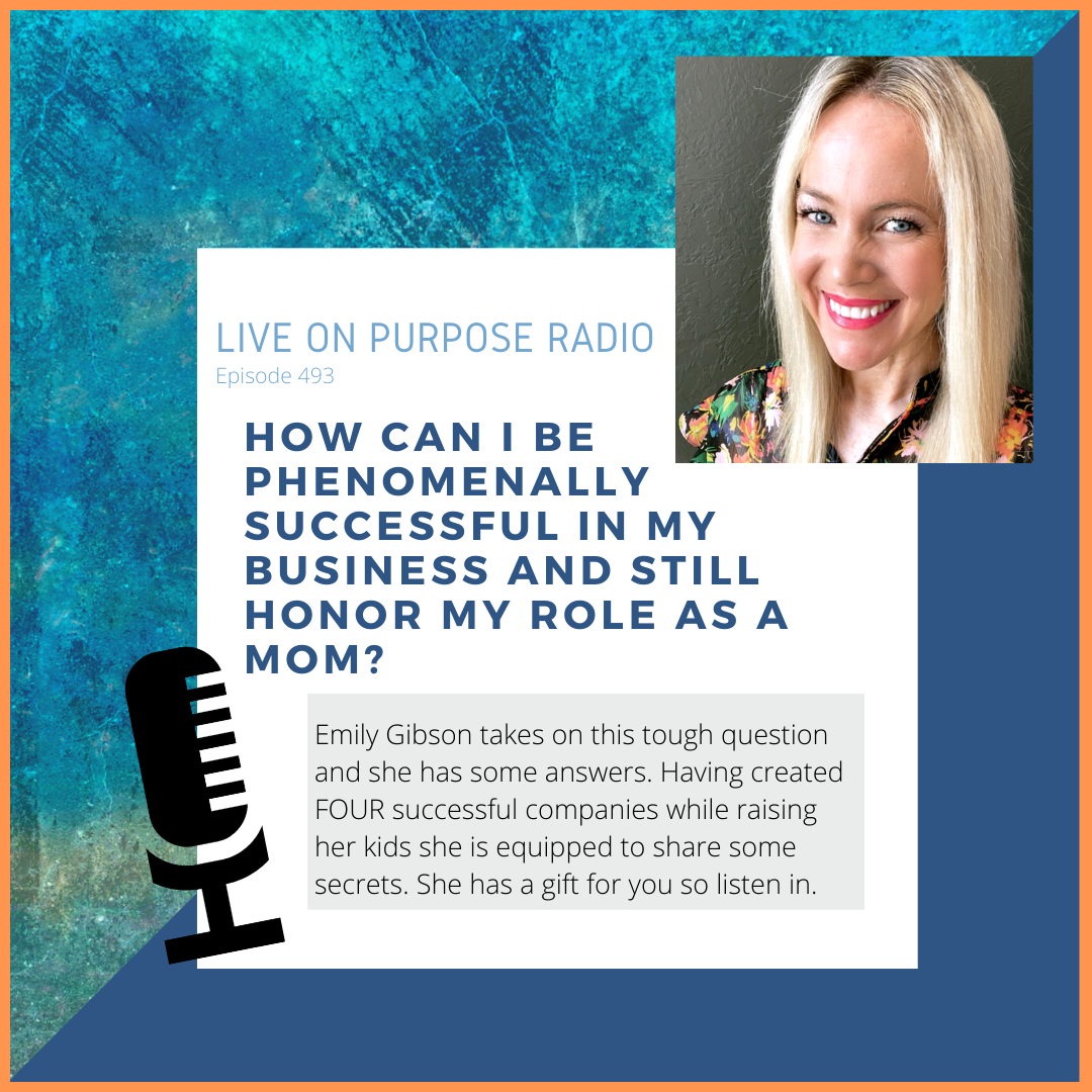 LIVE ON PURPOSE RADIO Episode 493 HOW CAN I BE phenomenally SUCCESSFUL IN MY BUSINESS AND STILL HONOR MY ROLE AS A MOM? Emily Gibson takes on this tough question and she has some answers. Having created FOUR successful companies while raising her kids she is equipped to share some secrets. She has a gift for you so listen in.